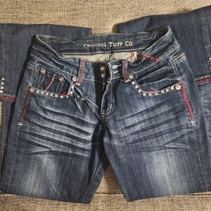 Cowgirl Tuff Women's Indigo Boot Cut Jeans with Rhinestones And Red Accents